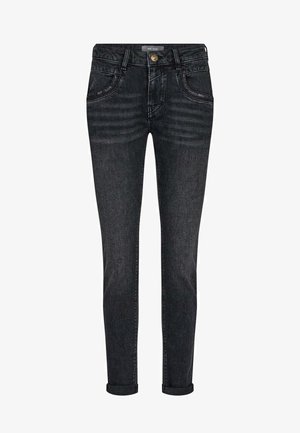 Black denim jeans with a slim fit, featuring front pockets, a button closure, and rolled cuffs. Smooth texture with subtle fading details.