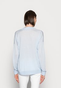 Helles blaues Strickpullover mit lockerer Passform, langen Ärmeln und geripptem Kragen. Glatte Textur mit einem subtilen Farbverlauf.