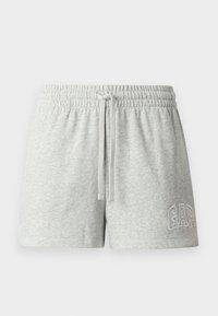 Grå bomullsshorts med elastisk midje, justerbar snor og brodert "GAP"-logo i hvitt på venstre ben.