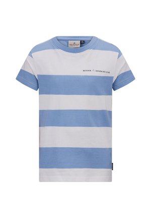 Blauw-wit gestreepte t-shirt van katoen, met korte mouwen en een ronde halslijn. Bevat een klein logo gedrukt boven de zoom.