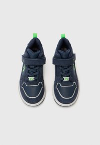 Navy blue high-top sneakers with a suede and synthetic upper, featuring a Velcro strap, textured sole, and green accents.