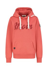 Korallefarbener Hoodie mit weißen Kordeln, "Moin"-Text in Dunkelrot, Kängurutasche, gerippte Bündchen und ein Logo-Patch am Ärmel.