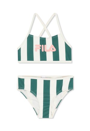 Costume da bagno a due pezzi con strisce verticali verdi e bianche, logo FILA rosa sul top e spalline incrociate.