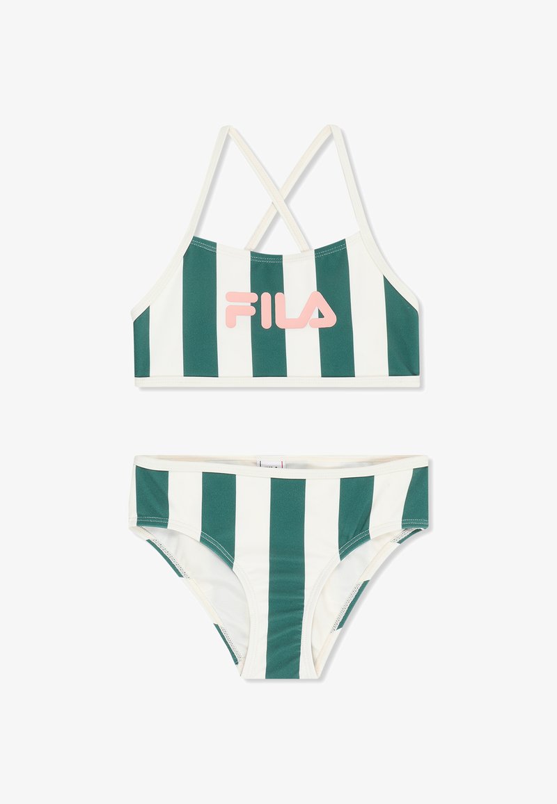 Costume da bagno a due pezzi con strisce verticali verdi e bianche, logo FILA rosa sul top e spalline incrociate.