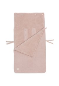 Zachte roze stoffen mat met een gestructureerd oppervlak en een gladde onderkant, voorzien van strikjes en drukknoopsluitingen. Compact en veelzijdig ontwerp.