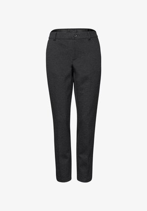 Dunkelgraue Slim-Fit-Hose mit Knopfverschluss, Gürtelschlaufen und geradem Beinanschnitt, vor weißem Hintergrund dargestellt.