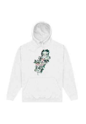Weißer Hoodie mit einem bunten Cartoon-Design eines Charakters, der mit Blättern und Blumen verwoben ist, ausgestattet mit einer Fronttasche und Kapuze mit Kordelzug.