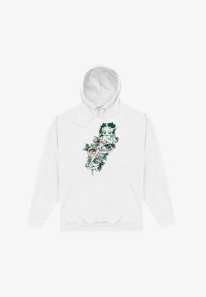 Hvid hættejakke med et farverigt cartoon-design af en karakter, der er vrundet ind i blade og blomster, med en frontlomme og snor i hætten.