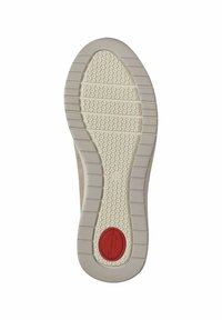 Schuhsohle mit einem strukturierten, Wabenmuster in Off-White und Hellbeige, mit einem roten kreisförmigen Akzent in der Mitte für bessere Trittsicherheit und Komfort.