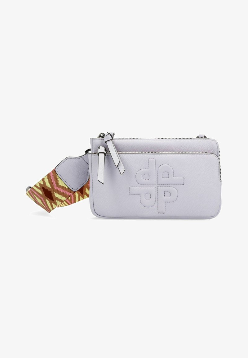 Light lavender leather rectangular bag with embossed logo, silver hardware, and a patterned woven strap in pink, yellow, and brown tones.