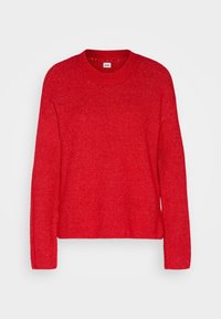 Pull rouge en tricot avec un col rond, des manches longues et une finition texturée. Le design présente une coupe décontractée et un léger effet de côtes.