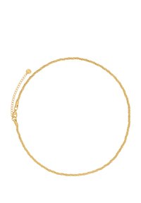 Draaiende gouden ketting met een kreeftsluiting en verstelbare lengte. Gladde textuur met een reflecterende afwerking.