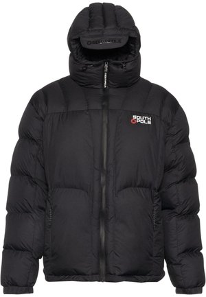 Black puffer jacket with a hood, featuring a front zipper, side pockets, and quilted design. Logo displayed on the upper left chest.