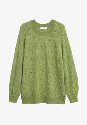 Pull en tricot vert avec motif en losanges, manches longues, col et ourlet côtelés, présentant des détails en openwork et une coupe décontractée.