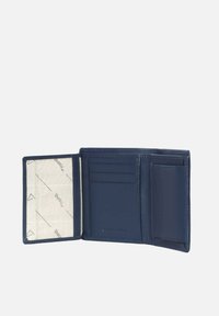 Navy leather wallet with a textured finish, featuring card slots, a clear pocket, and a printed lining. Folded design with visible stitching.