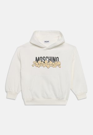 Biała bluza z kapturem i przednią kieszenią, tekst ""MOSCHINO"" oraz grafiką popcornu na piersi.