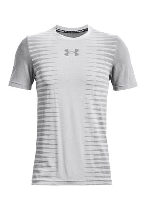 Gray Under Armour short-sleeve athletic shirt with striped pattern along sides and logo on chest and inside collar.