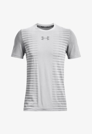 T-shirt de sport à manches courtes Under Armour gris avec motif rayé sur les côtés et logo sur la poitrine et à l'intérieur du col.