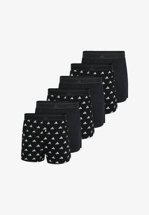Zwarte boxers met een wit driehoekig patroon en een elastische tailleband. Zes paar in een rij weergegeven, met verschillende patronen en effen ontwerpen.