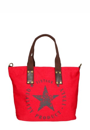 Rote Canvas-Tote-Tasche mit braunen Lederelementen, mit einem zentralen schwarzen Stern-Design und dem Text "Vintage Quality Product Italy".