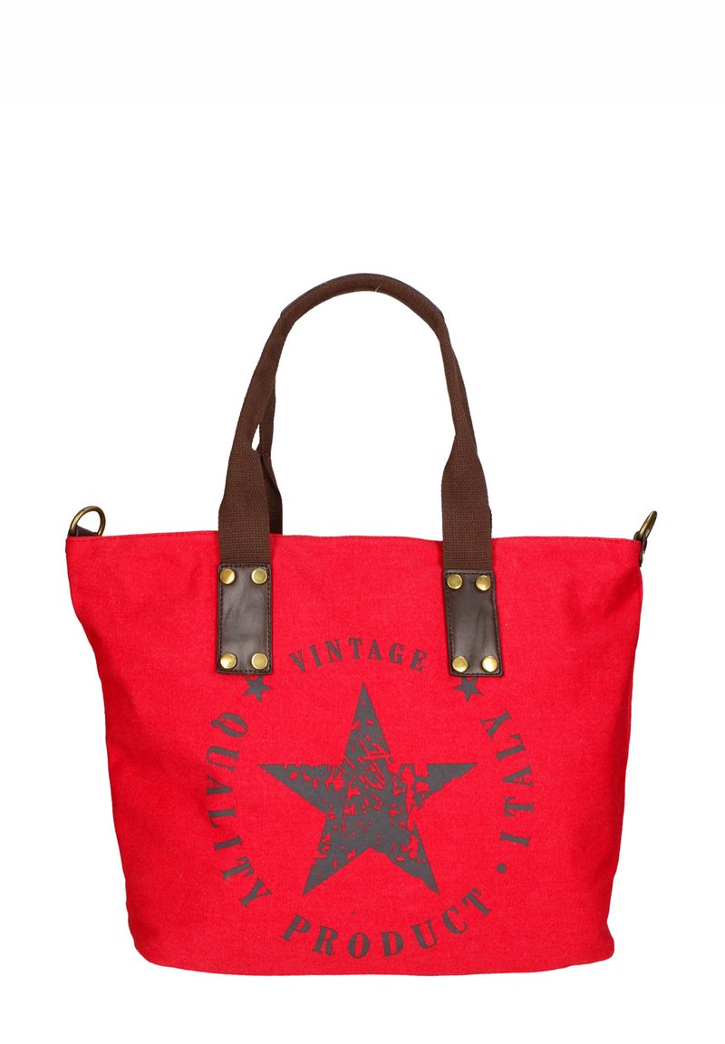Borsa a tracolla in tela rossa con rifiniture in pelle marrone, presenta un design centrale di una stella nera e dettagli testuali "Prodotto di Qualità Vintage Italia."