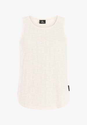 White sleeveless top with a textured grid pattern and black brand label at the neckline and side seam.