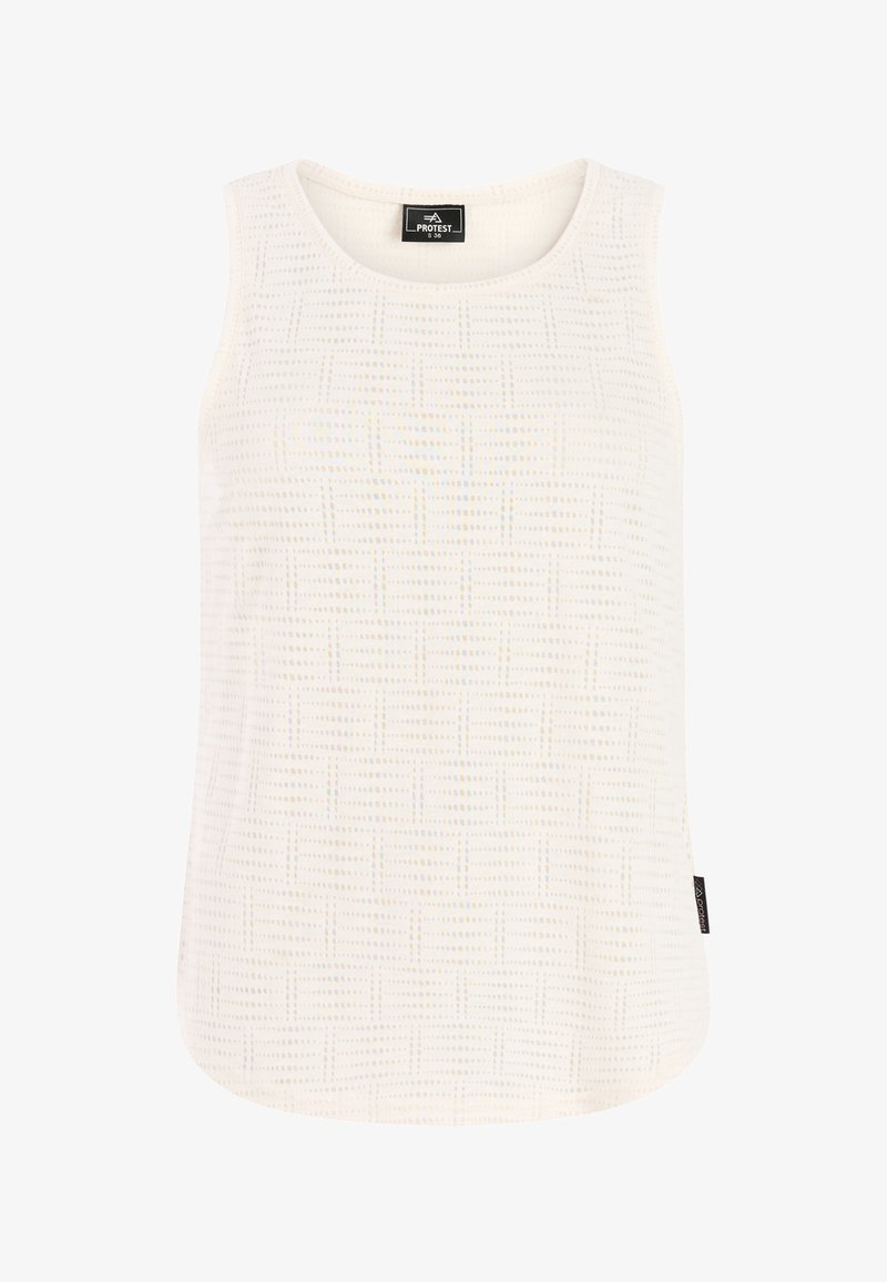 Valkoinen hihaton paita, jossa on kohokuvioitu ruutukuvio ja musta merkkilätkä kaula-aukon ja sivusauman kohdalla.