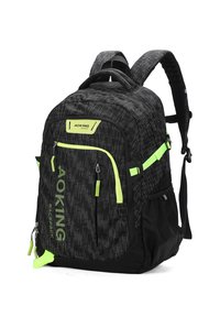 Zaino nero con schemi geometrici, dotato di dettagli in verde neon, molteplici scomparti, cerniere robuste e spallacci imbottiti.
