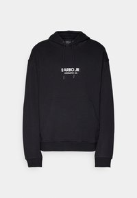 Černá mikina s kapucí z bavlněné směsi, s přední kapsou, nastavitelnou stahovací šňůrkou na kapuci a bílým logem "BARBOUR INTERNATIONAL" na hrudi.