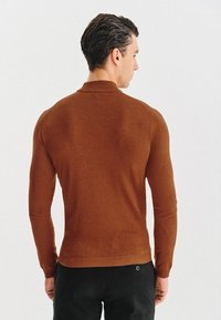 Brązowy sweter dziany z wysokim kołnierzem, dopasowany krój i ribbowe mankiety, prezentowany na modelce z tyłu na jednolitym tle.