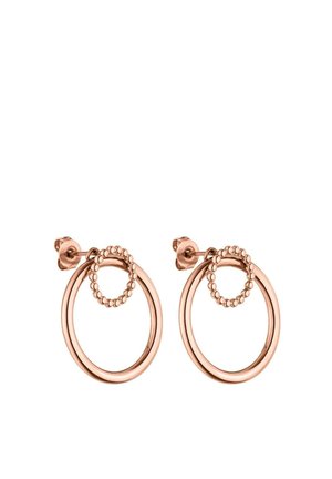 Paar Roségold-Ohrstecker mit einem glatten großen Ring und einem kleineren, mit Perlen besetzten Ring, der innerhalb jedes größeren Rings hängt.