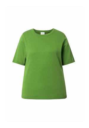 Groen gebreid kort mouw shirt met ronde hals, geribde kraag en zoom, weergegeven op een witte achtergrond.