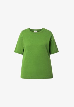 Grünes, kurzärmeliges Strickoberteil mit rundem Ausschnitt, geripptem Kragen und Saum, dargestellt vor weißem Hintergrund.