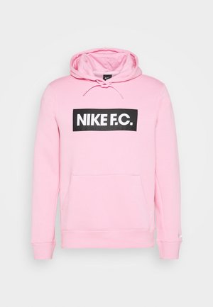 Pinkes Hoodie mit Fronttasche und Kapuze, mit weißem Text "NIKE F.C." auf schwarzem rechteckigem Hintergrund.