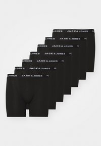 Schwarze Baumwoll-Boxershorts mit einem elastischen Bund, auf dem der Text "JACK & JONES" steht. Sieben Paare in einer Reihe angeordnet.