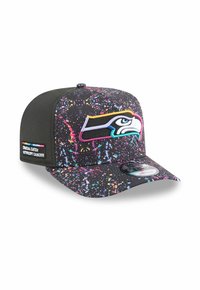 Black cap with colorful splatter design, featuring an embroidered Seattle Seahawks logo on the front and a label on the side.