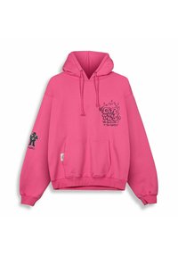 Roze hoodie gemaakt van een katoenmix. Heeft een voorkeurszak, grafische print op de borst en linkermouw, en koorden aan de capuchon.