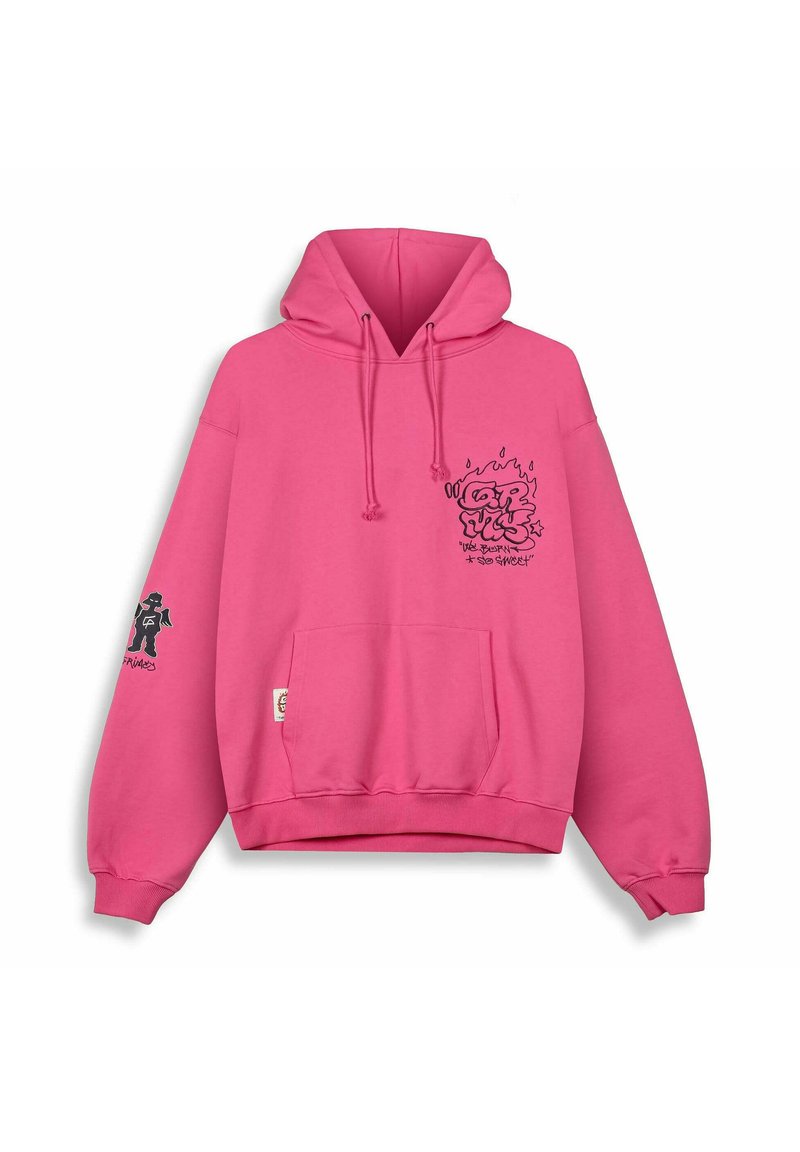 Roze hoodie gemaakt van een katoenmix. Heeft een voorkeurszak, grafische print op de borst en linkermouw, en koorden aan de capuchon.