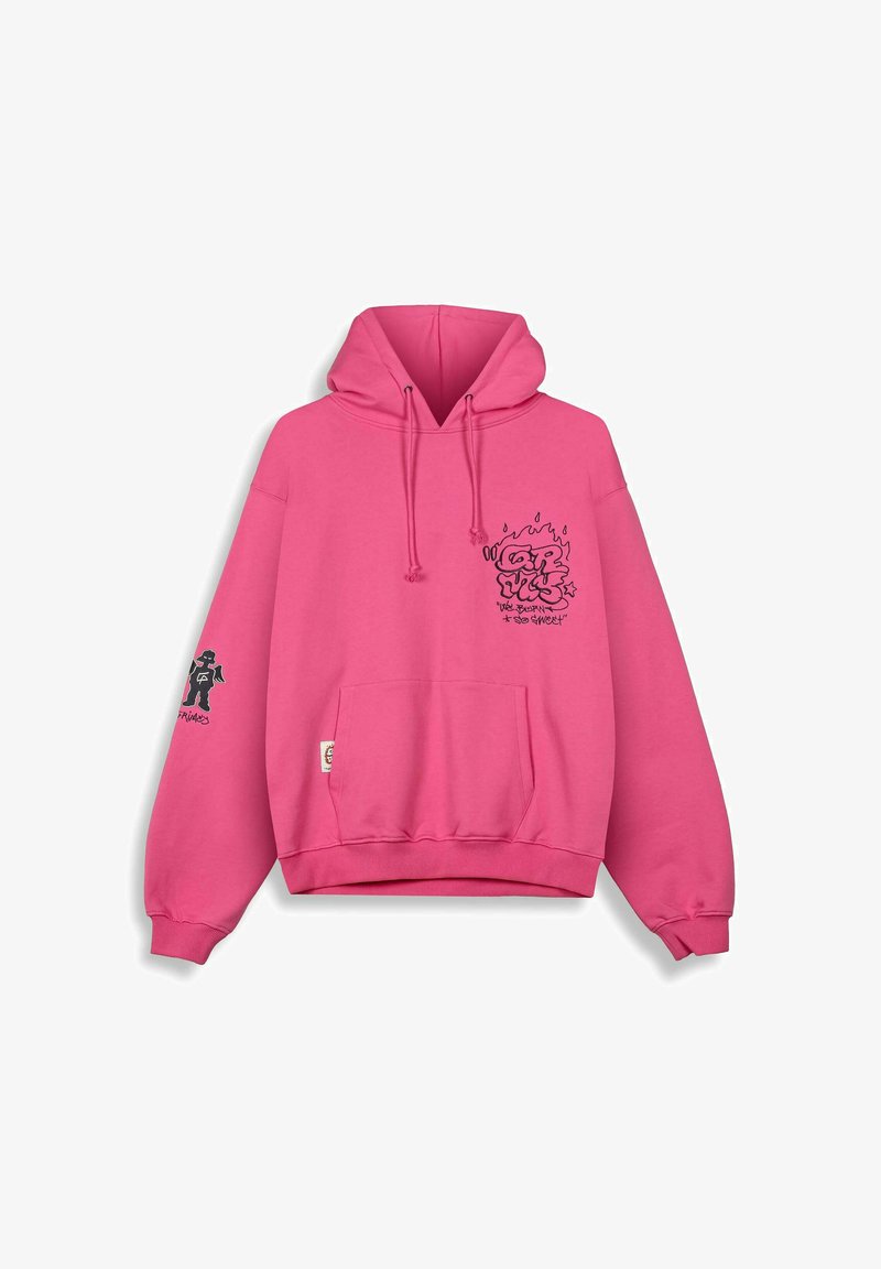 Roze hoodie gemaakt van een katoenmix. Heeft een voorkeurszak, grafische print op de borst en linkermouw, en koorden aan de capuchon.