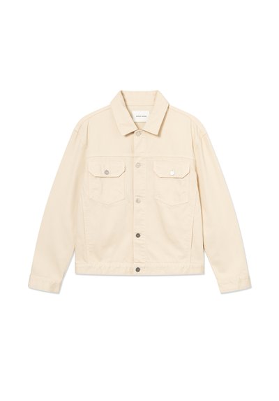 Light beige denim jacket with long sleeves, collar, button front, and two buttoned flap chest pockets.
