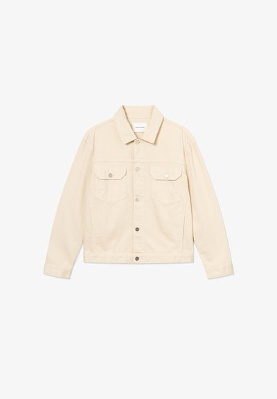 Light beige denim jacket with long sleeves, collar, button front, and two buttoned flap chest pockets.
