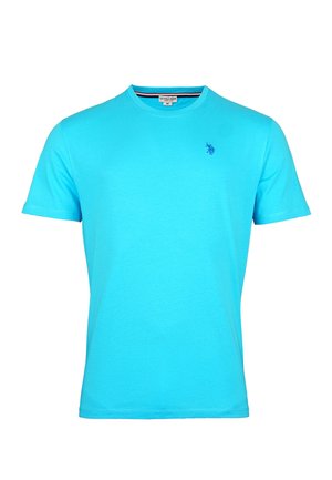 Light blue cotton t-shirt with a round neck and short sleeves. Features a small embroidered logo on the left chest area.