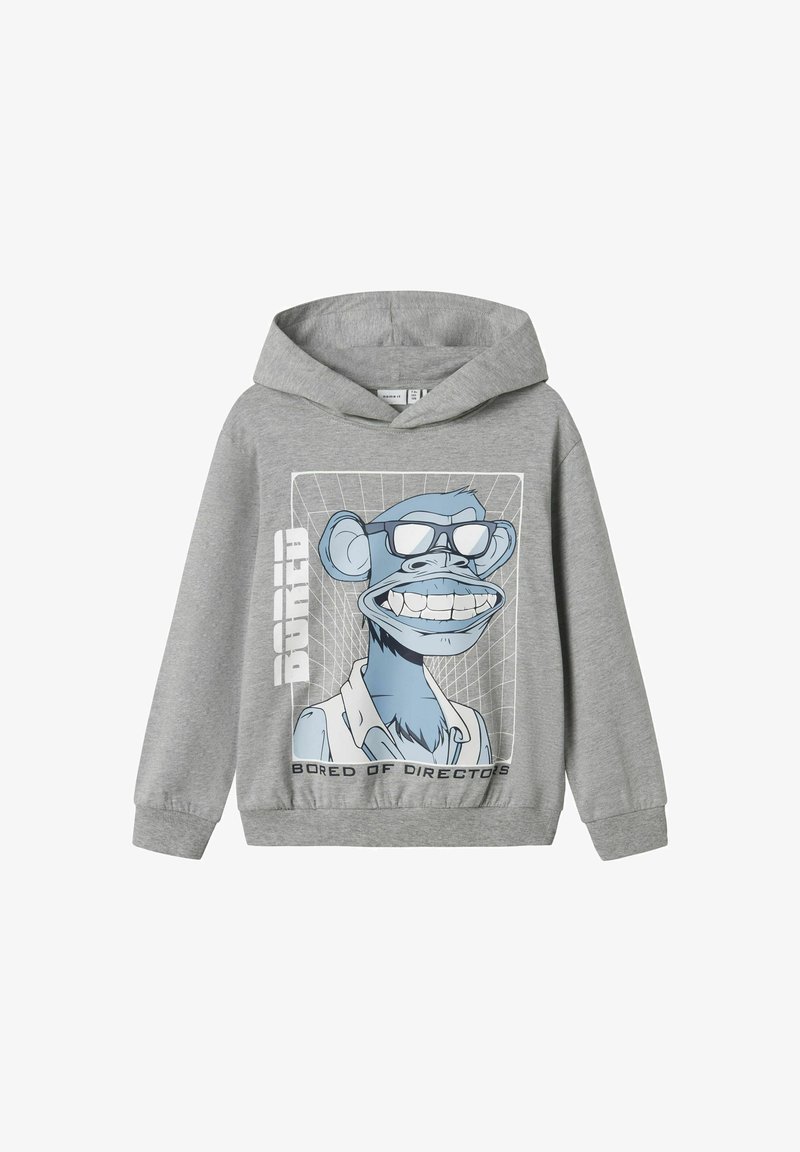 Siva dukserica s grafikom plavog crtanje majmuna koji nosi naočale, s natpisom "Dosadno u upravi" ispod.