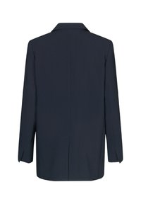 Sötétkék blézer, strukturált sziluettel, lengetett gallérral és megnyújtott ujjal. Simá szövet, egyszínű, mintázat nélkül.