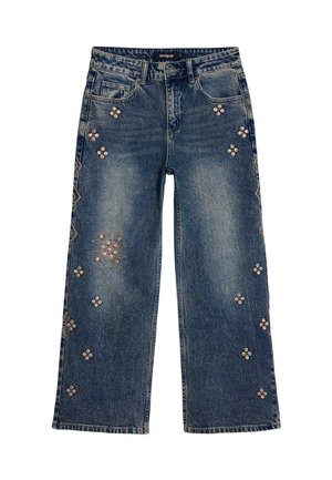 Blue denim wide-leg jeans with floral embroidery and bead accents, featuring a high waist and classic five-pocket design.