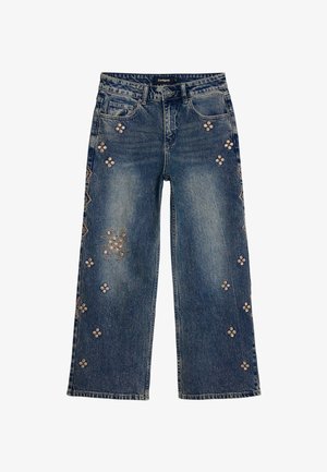 Blaue Denim-Hose mit weitem Bein, mit floralem Stickerei- und Perlenakzenten, hoher Taille und klassischem Fünf-Taschen-Design.