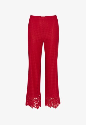 Raudoni nėriniuoti kelnių su plačiomis kojomis dizainu, su tekstūruotu raštu ir banguotu ornamentu. Pagaminti iš lengvos medžiagos.