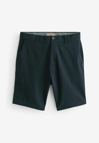 Dunkelnavy Shorts aus glattem Stoff, mit Knopfverschluss, Seitentaschen und einem sauberen Saum. Einfaches, klassisches Design.
