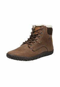 Botas de tobillo de cuero marrón con un suave forro de lana, parte frontal con cordones, suela de goma con un patrón texturizado y acentos de costura en contraste.