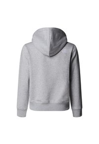 Hanorac gri cu glugă și șnur, manșete și tiv rib. Are un mic logo alb pe umărul din spate. Confecționat dintr-un material moale, cu textură.